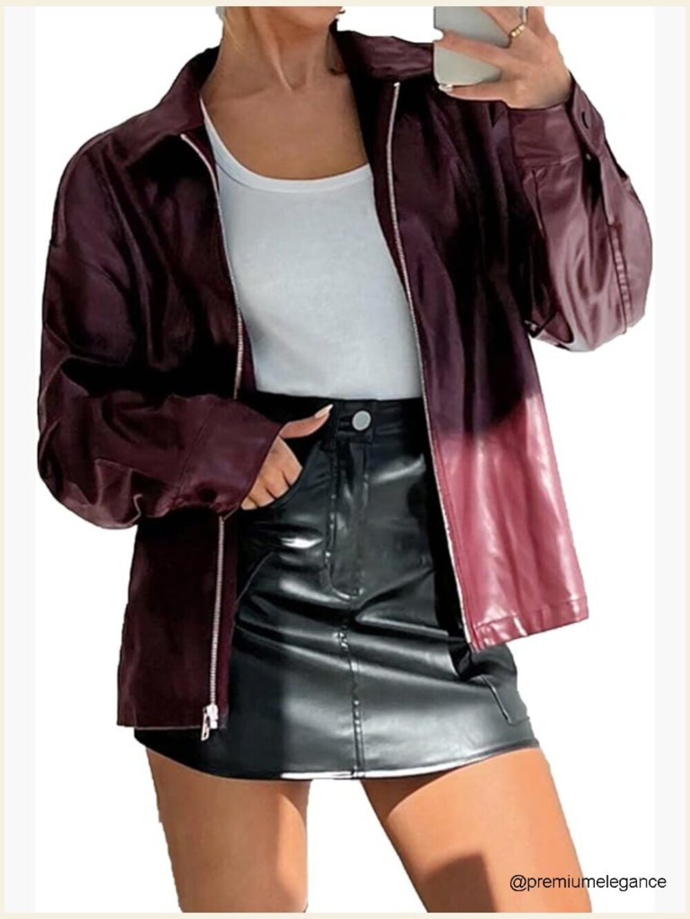 PU Leather Bomber Jacket Zip Up Long Sleeve Collared Casual Motorcycle Outwear